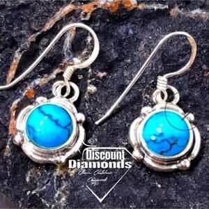 Round Turquoise French Hook Drop Earrings on 925 Silver - Women's